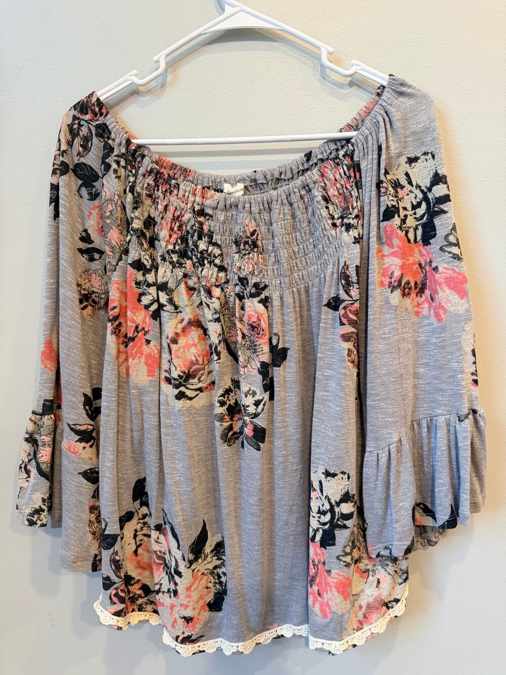 Maurices Heather Gray Pink Floral Smocked Neckline Blouse Ruffle Trim XL